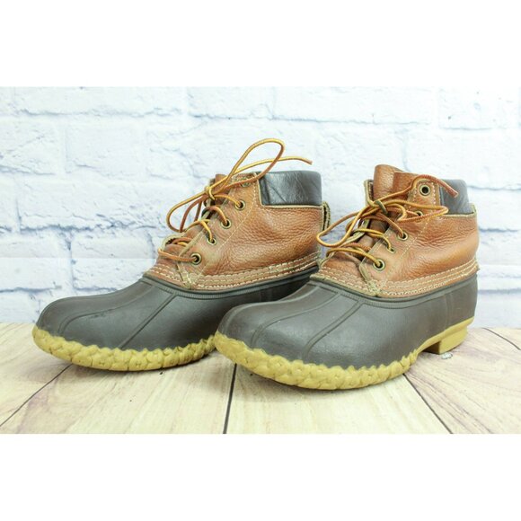 LL Bean Lace Up Unlined Ankle Duck Boots Brown Leather Padded Collar Size 9 M - Picture 2 of 10